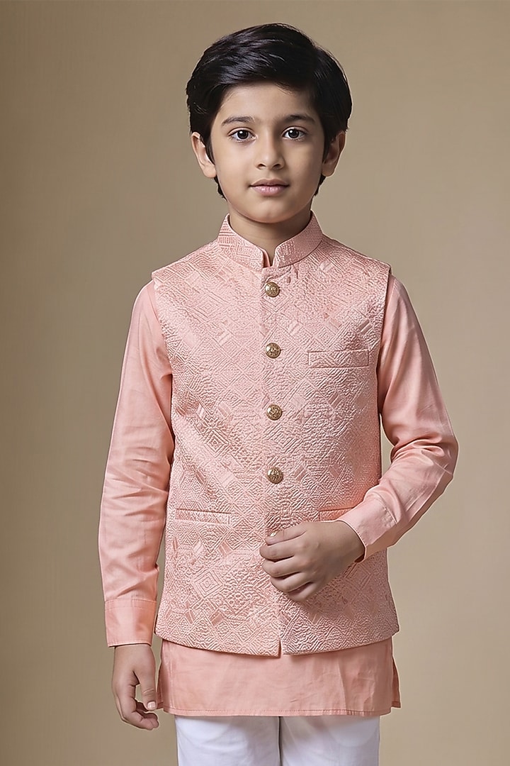 Peach Dupion Silk Machine Embroidered Bundi Jacket Set For Boys by Spring Break- Kids at Pernia's Pop Up Shop