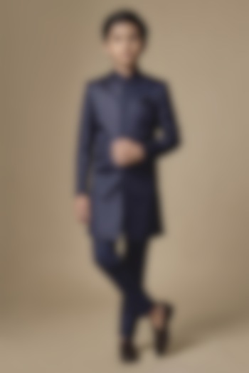 Navy Dupion Silk Embroidered Sherwani Set For Boys by Spring Break- Kids at Pernia's Pop Up Shop