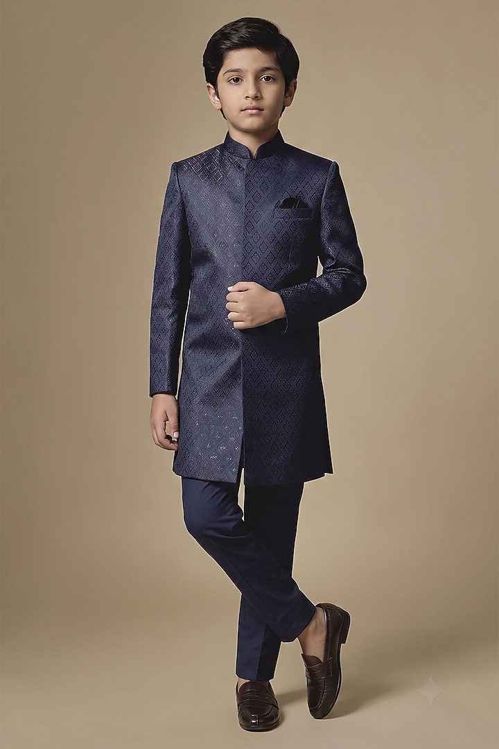 Navy Dupion Silk Embroidered Sherwani Set For Boys by Spring Break- Kids at Pernia's Pop Up Shop