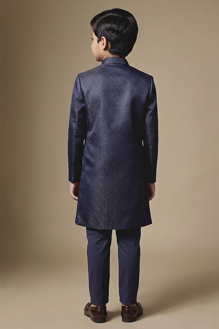 Navy Dupion Silk Embroidered Sherwani Set For Boys by Spring Break- Kids at Pernia's Pop Up Shop