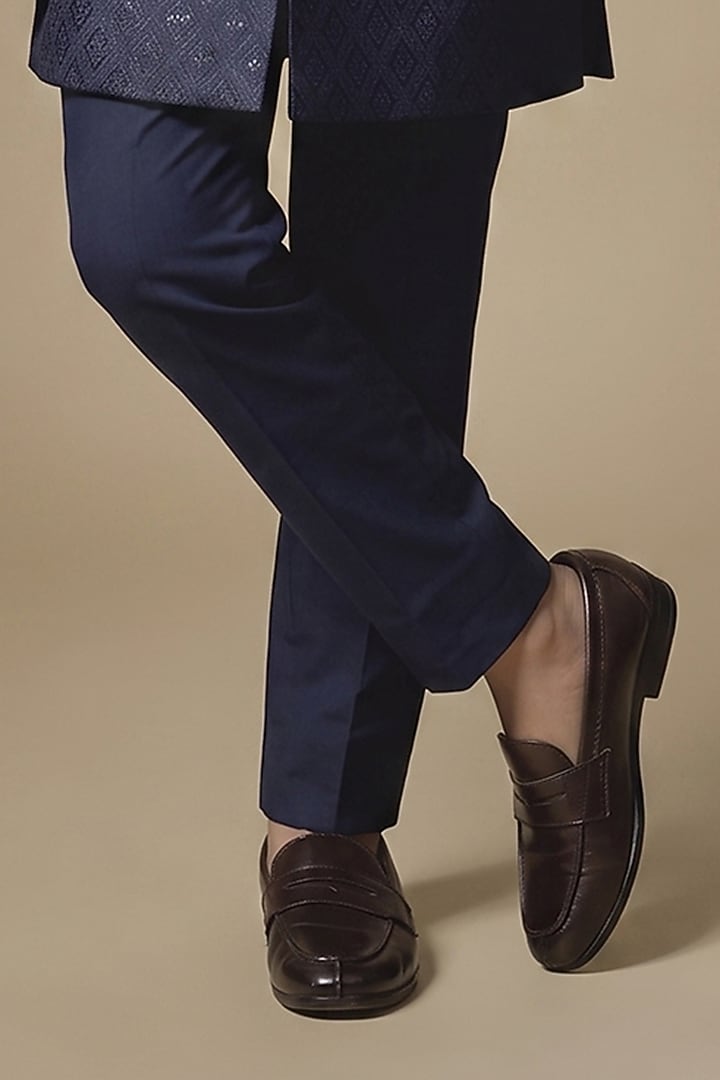 Navy Dupion Silk Embroidered Sherwani Set For Boys by Spring Break- Kids at Pernia's Pop Up Shop