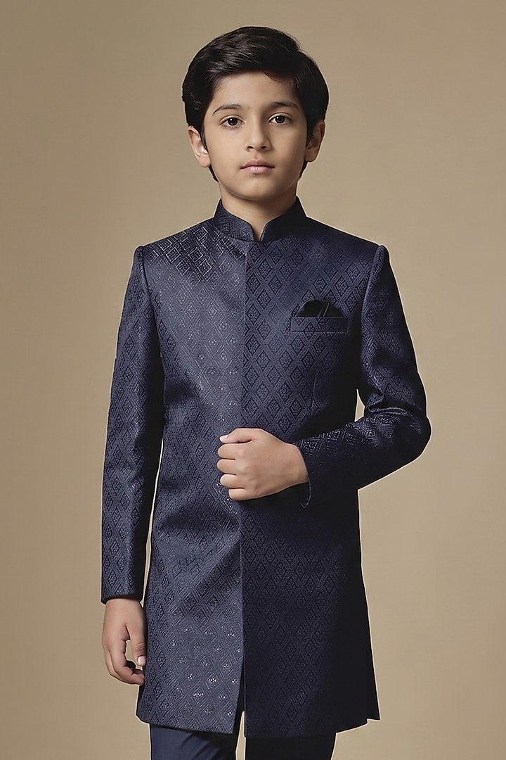 Navy Dupion Silk Embroidered Sherwani Set For Boys by Spring Break- Kids at Pernia's Pop Up Shop