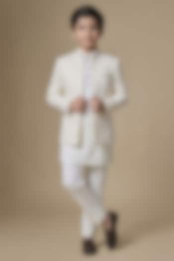 Ivory Dupion Silk Embroidered Open Indowestern Set For Boys by Spring Break- Kids at Pernia's Pop Up Shop