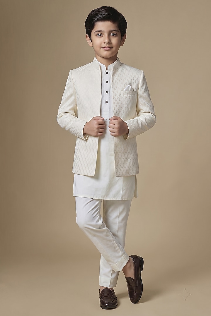 Ivory Dupion Silk Embroidered Open Indowestern Set For Boys by Spring Break- Kids at Pernia's Pop Up Shop