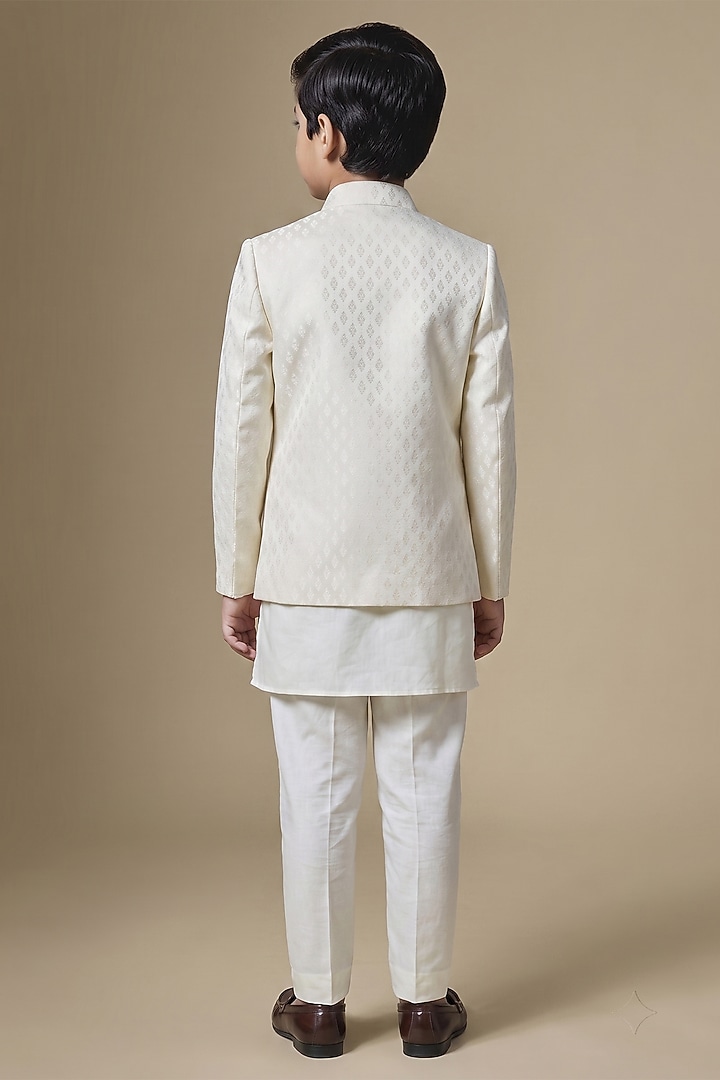 Ivory Dupion Silk Embroidered Open Indowestern Set For Boys by Spring Break- Kids at Pernia's Pop Up Shop