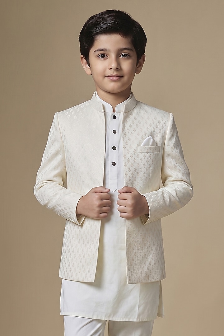 Ivory Dupion Silk Embroidered Open Indowestern Set For Boys by Spring Break- Kids at Pernia's Pop Up Shop