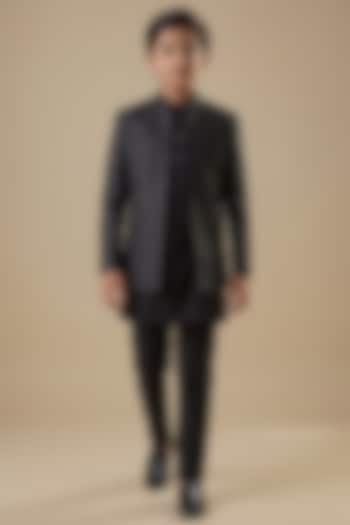 Black Dupion Silk Embroidered Open Indowestern Jacket Set For Boys by Spring Break- Kids at Pernia's Pop Up Shop