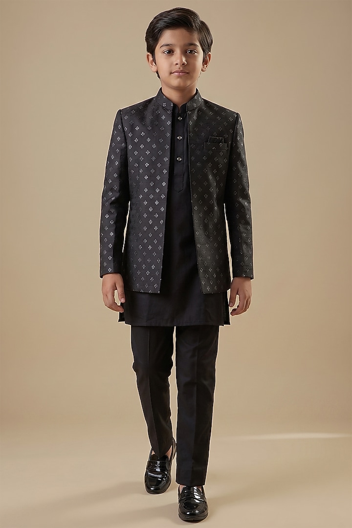 Black Dupion Silk Embroidered Open Indowestern Jacket Set For Boys by Spring Break- Kids at Pernia's Pop Up Shop