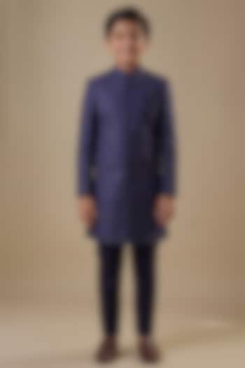 Navy Blue Dupion Silk Geometric Embroidered Sherwani Set For Boys by Spring Break- Kids at Pernia's Pop Up Shop
