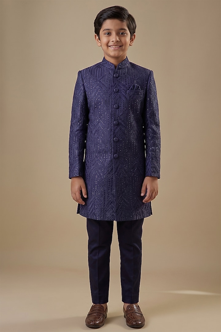 Navy Blue Dupion Silk Geometric Embroidered Sherwani Set For Boys by Spring Break- Kids at Pernia's Pop Up Shop