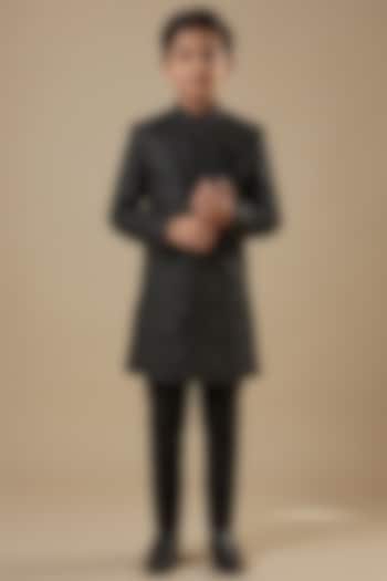 Black Dupion Silk Applique Embroidered Sherwani Set For Boys by Spring Break- Kids at Pernia's Pop Up Shop