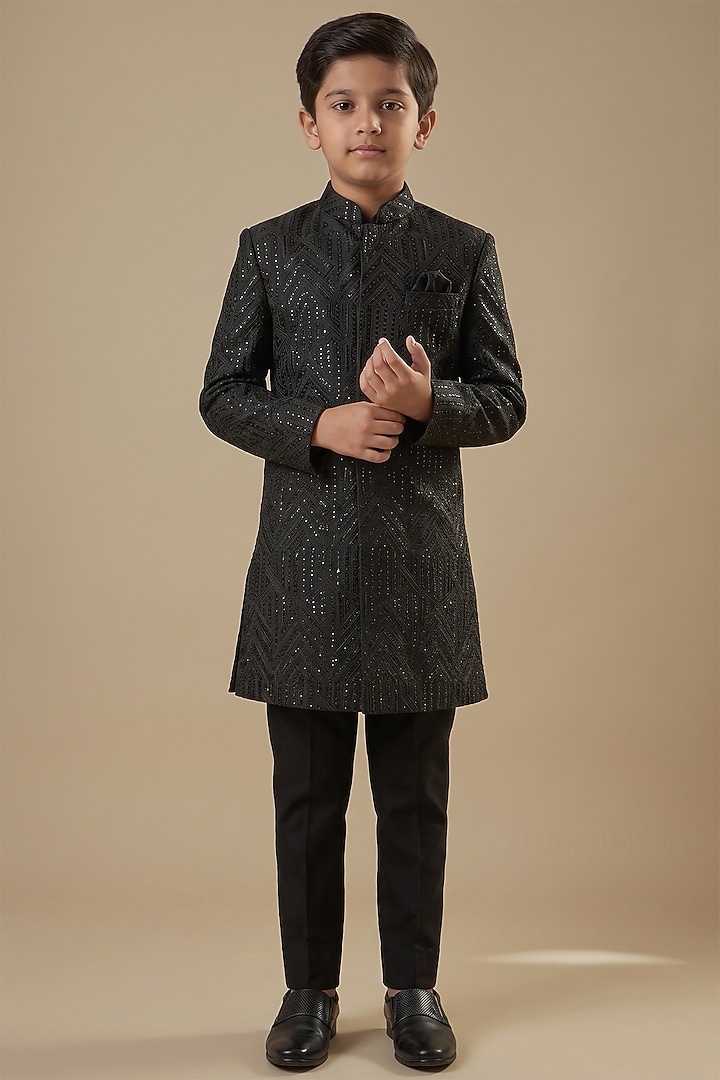 Black Dupion Silk Applique Embroidered Sherwani Set For Boys by Spring Break- Kids at Pernia's Pop Up Shop