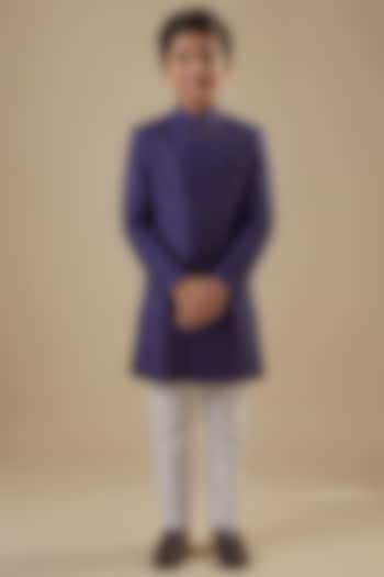 Navy Blue Dupion Silk Applique Embroidered Sherwani Set For Boys by Spring Break- Kids at Pernia's Pop Up Shop