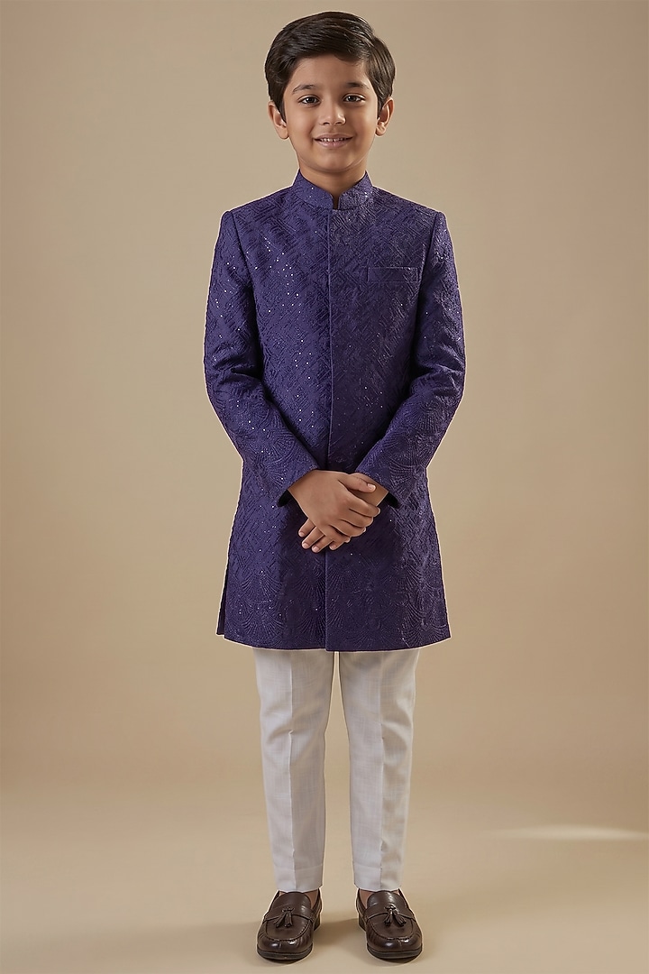 Navy Blue Dupion Silk Applique Embroidered Sherwani Set For Boys by Spring Break- Kids at Pernia's Pop Up Shop