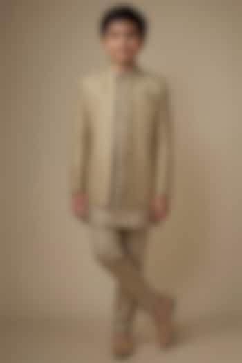 Champagne Gold Blended Silk Applique Embroidered Indowestern Set For Boys by Spring Break- Kids at Pernia's Pop Up Shop