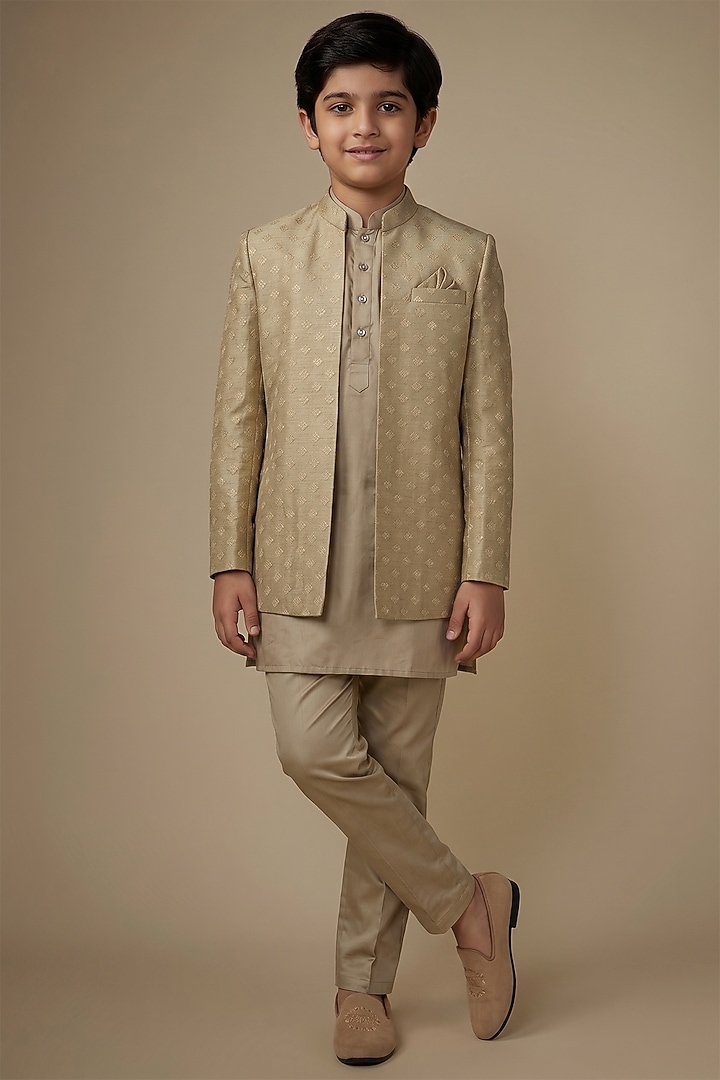 Champagne Gold Blended Silk Applique Embroidered Indowestern Set For Boys by Spring Break- Kids at Pernia's Pop Up Shop