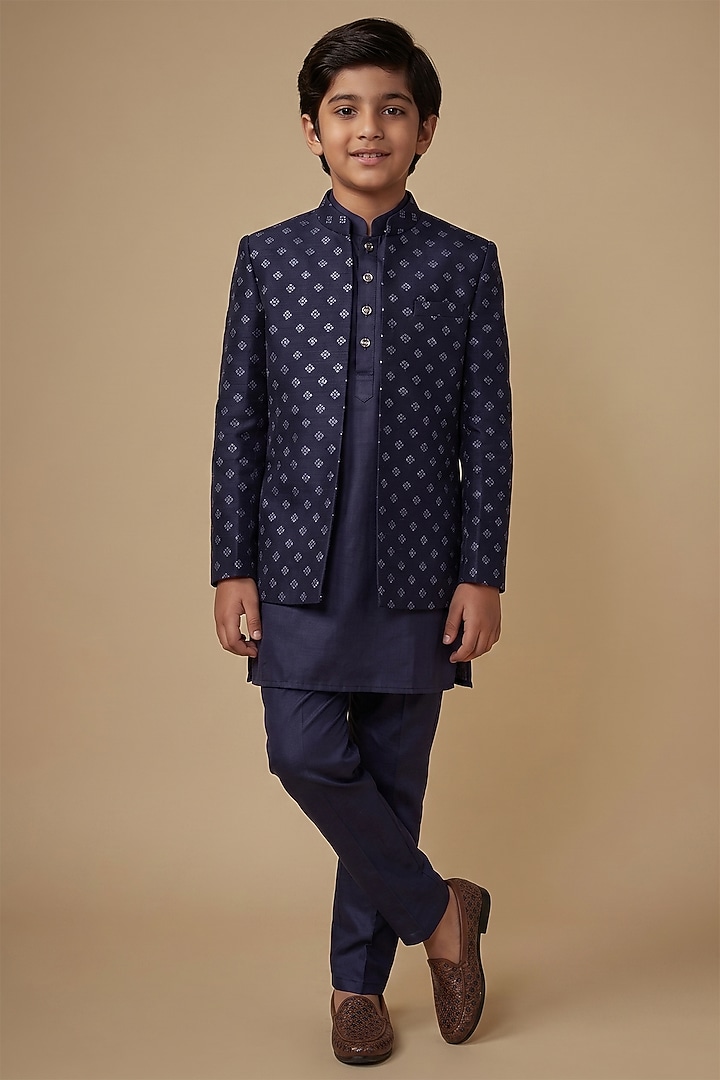 Navy Blue Blended Silk Applique Embroidered Indowestern Set For Boys by Spring Break- Kids at Pernia's Pop Up Shop