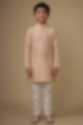 Light Pink Blended Silk Applique Embroidered Kurta Set For Boys by Spring Break- Kids at Pernia's Pop Up Shop