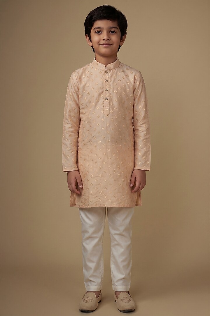 Light Pink Blended Silk Applique Embroidered Kurta Set For Boys by Spring Break- Kids at Pernia's Pop Up Shop