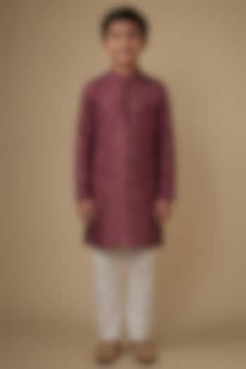 Maroon Viscose Lucknowi Applique Embroidered Kurta Set For Boys by Spring Break- Kids at Pernia's Pop Up Shop