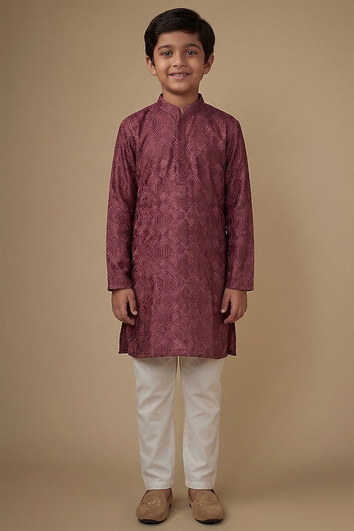 Maroon Viscose Lucknowi Applique Embroidered Kurta Set For Boys by Spring Break- Kids at Pernia's Pop Up Shop