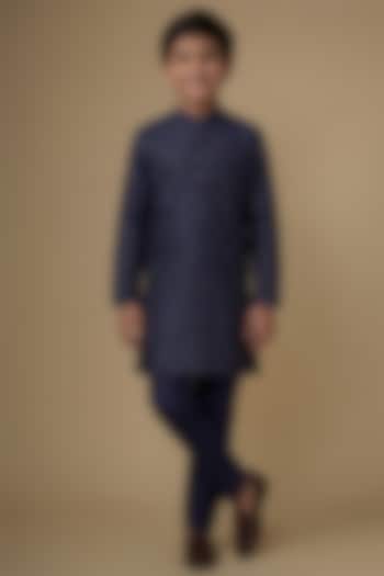 Navy Blue Blended Silk Applique Embroidered Kurta Set For Boys by Spring Break- Kids at Pernia's Pop Up Shop