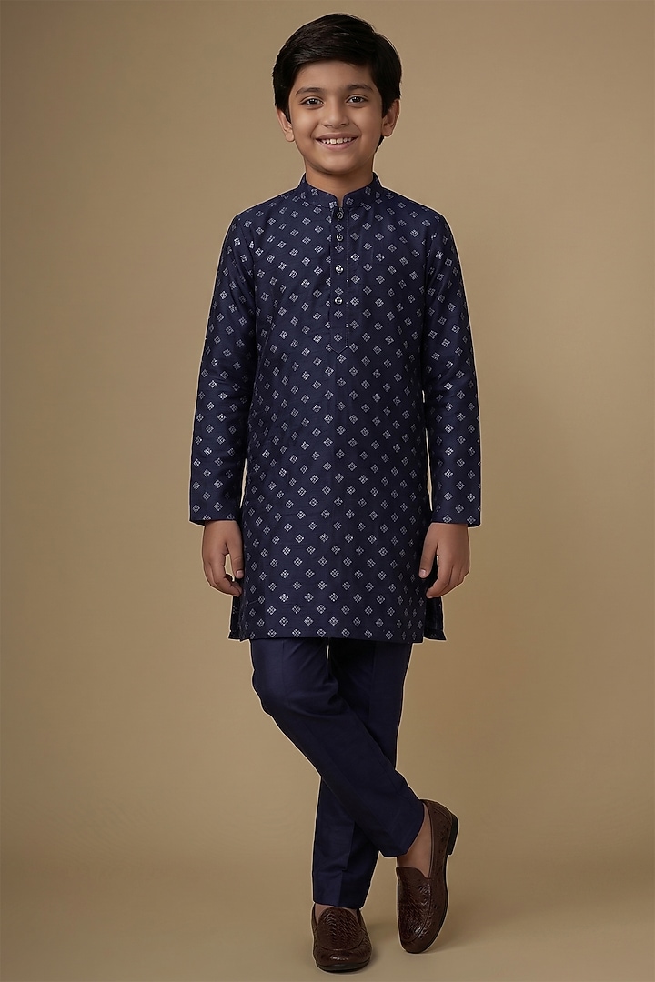 Navy Blue Blended Silk Applique Embroidered Kurta Set For Boys by Spring Break- Kids at Pernia's Pop Up Shop