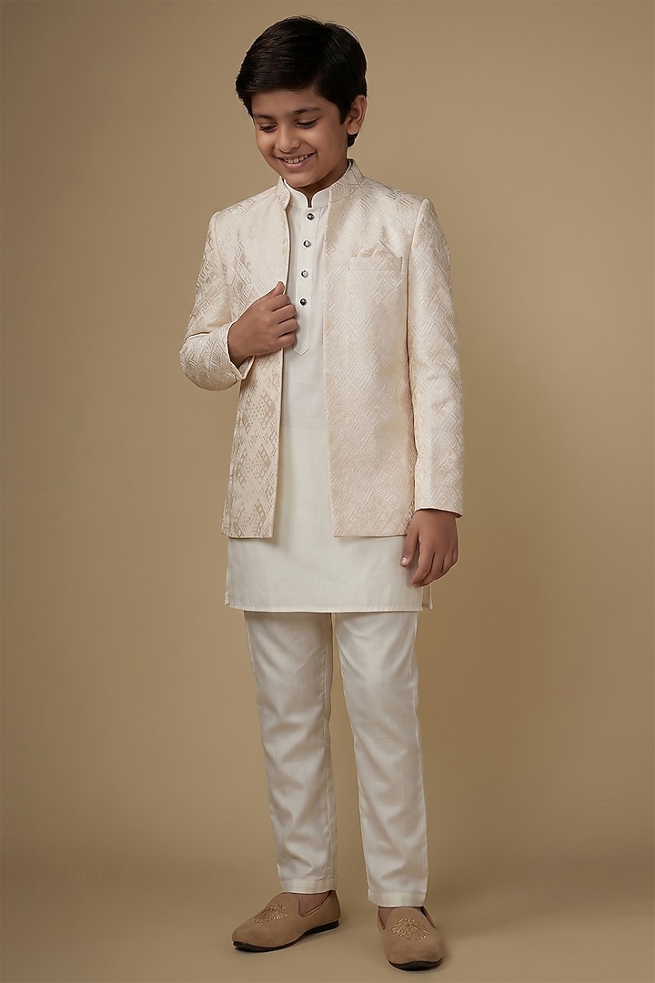 Ivory Viscose Applique Work Indowestern Set For Boys by Spring Break- Kids at Pernia's Pop Up Shop