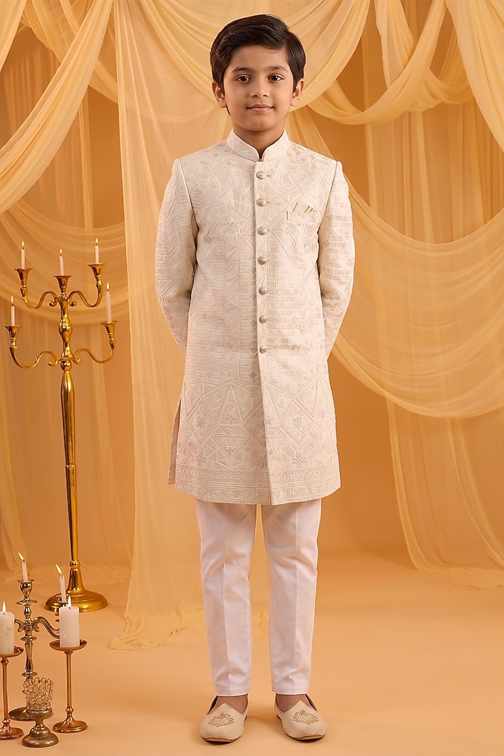 Cream Viscose Lucknowi Embroidered Sherwani Set For Boys by Spring Break- Kids at Pernia's Pop Up Shop