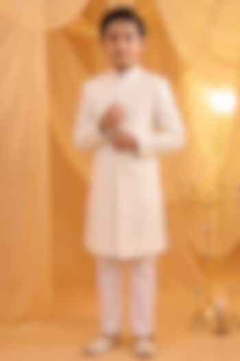 Ivory Dupion Silk Geometric Embroidered Sherwani Set For Boys by Spring Break- Kids at Pernia's Pop Up Shop