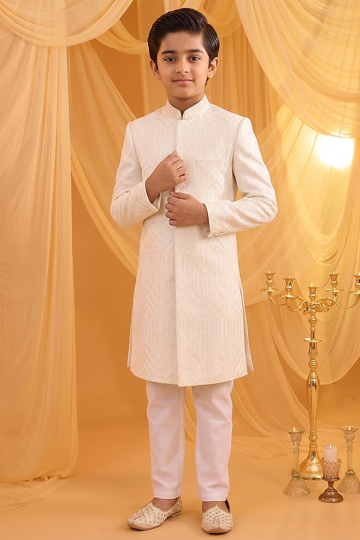Ivory Dupion Silk Geometric Embroidered Sherwani Set For Boys by Spring Break- Kids at Pernia's Pop Up Shop