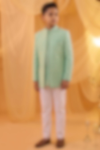 Mint Green Viscose Applique Embroidered Indowestern Set For Boys by Spring Break- Kids at Pernia's Pop Up Shop