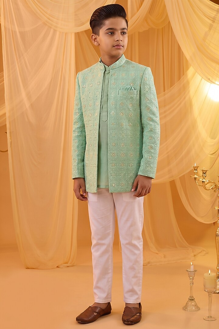 Mint Green Viscose Applique Embroidered Indowestern Set For Boys by Spring Break- Kids at Pernia's Pop Up Shop