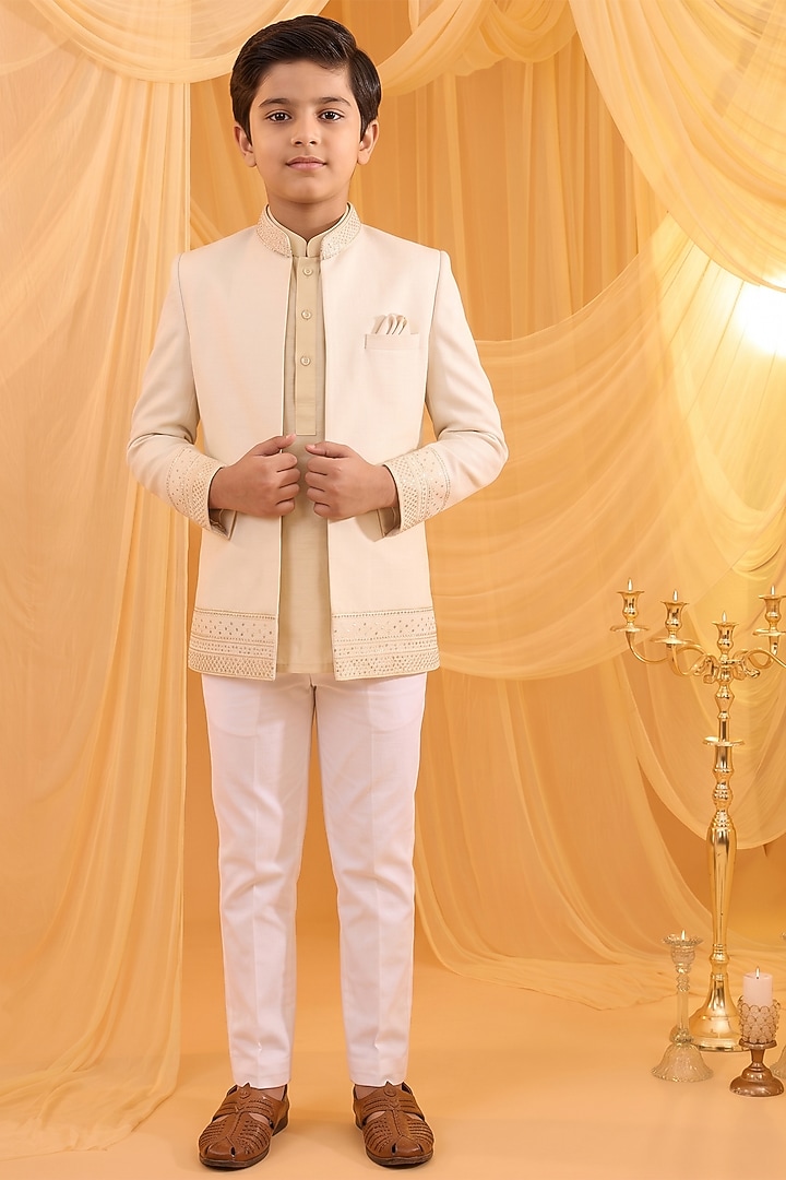 Cream Cotton Silk Hand Embroidered Indowestern Set For Boys by Spring Break- Kids at Pernia's Pop Up Shop