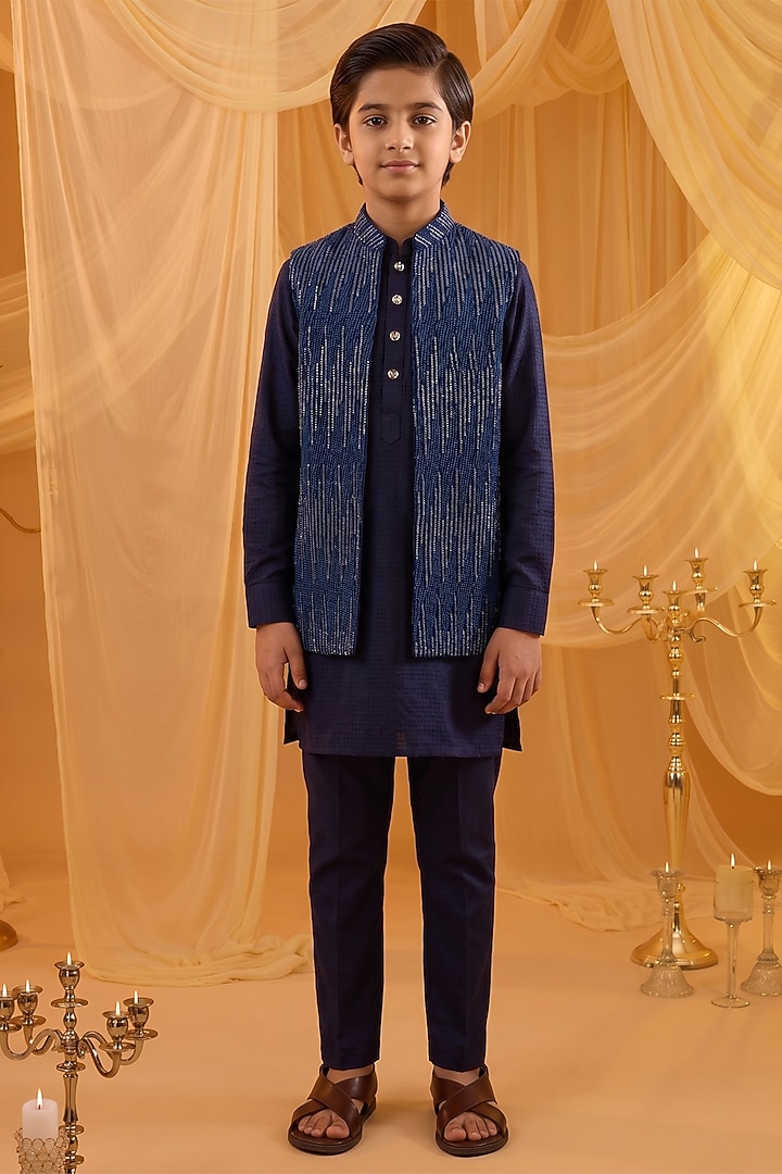 Navy Blue Georgette Sequins Embroidered Indowestern Set For Boys by Spring Break- Kids at Pernia's Pop Up Shop
