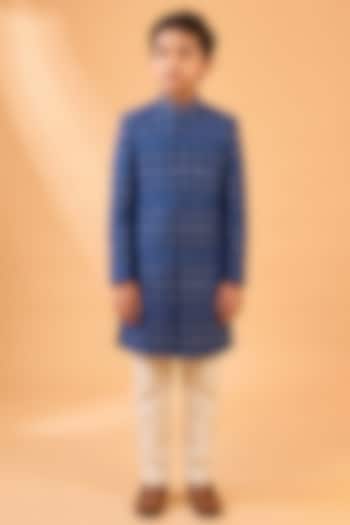 Navy Blue & Gold Viscose Lucknowi Embroidered Sherwani Set For Boys by Spring Break- Kids at Pernia's Pop Up Shop