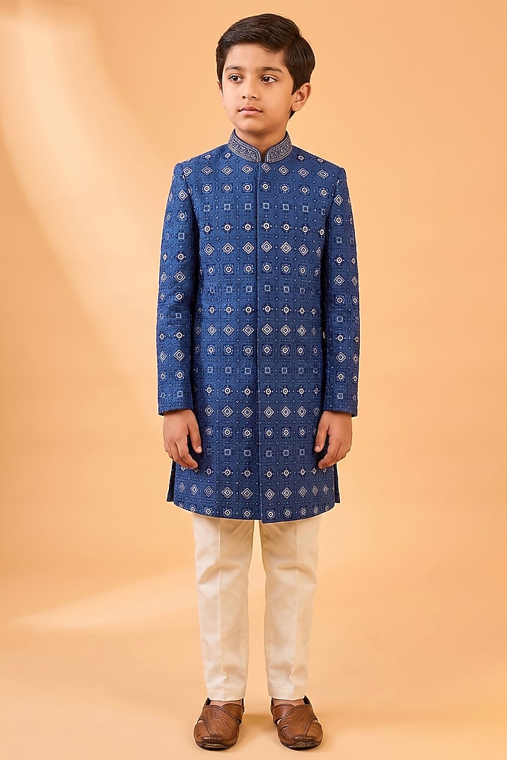 Navy Blue & Gold Viscose Lucknowi Embroidered Sherwani Set For Boys by Spring Break- Kids at Pernia's Pop Up Shop