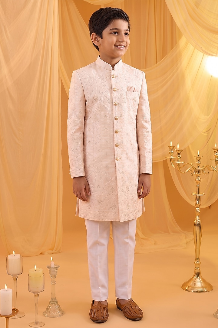 Light Pink Viscose Lucknowi Embroidered Sherwani Set For Boys by Spring Break- Kids at Pernia's Pop Up Shop