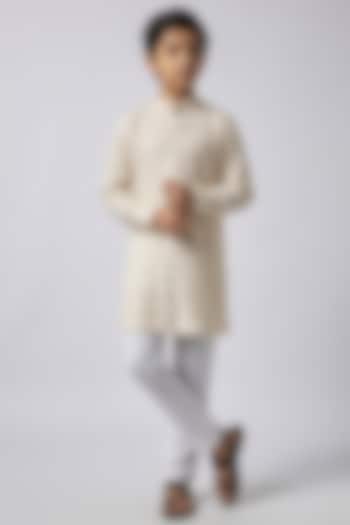 Cream Dupion Silk Lucknowi Embroidered Kurta Set For Boys by Spring Break- Kids at Pernia's Pop Up Shop