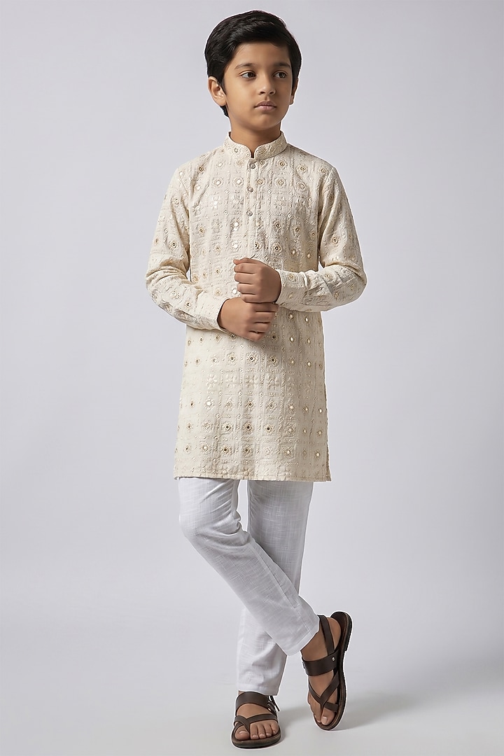 Cream Dupion Silk Lucknowi Embroidered Kurta Set For Boys by Spring Break- Kids at Pernia's Pop Up Shop