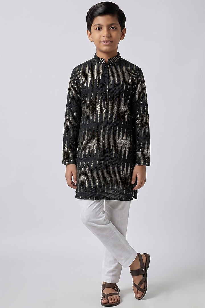 Black Viscose Sequins Embroidered Kurta Set For Boys by Spring Break- Kids at Pernia's Pop Up Shop