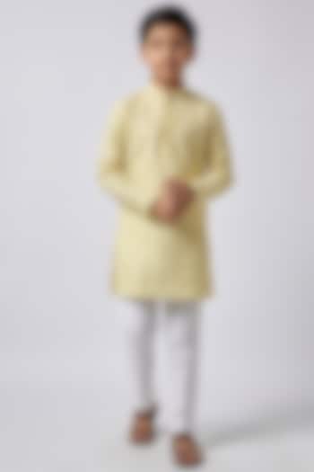 Yellow Dupion Silk Lucknnowi Embroidered Kurta Set For Boys by Spring Break- Kids at Pernia's Pop Up Shop