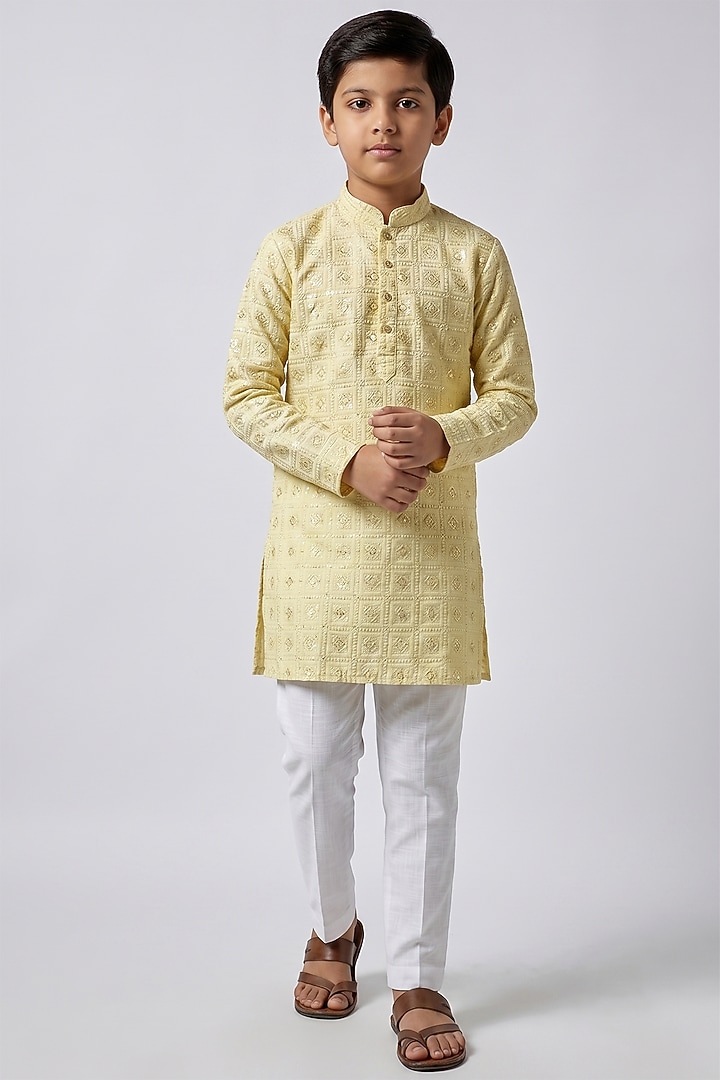Yellow Dupion Silk Lucknnowi Embroidered Kurta Set For Boys by Spring Break- Kids at Pernia's Pop Up Shop