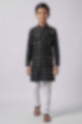 Black Dupion Silk Lucknowi Embroidered Kurta Set For Boys by Spring Break- Kids at Pernia's Pop Up Shop