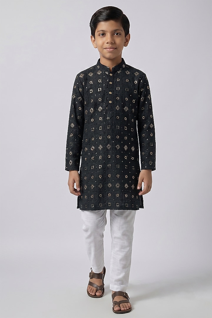 Black Dupion Silk Lucknowi Embroidered Kurta Set For Boys by Spring Break- Kids at Pernia's Pop Up Shop