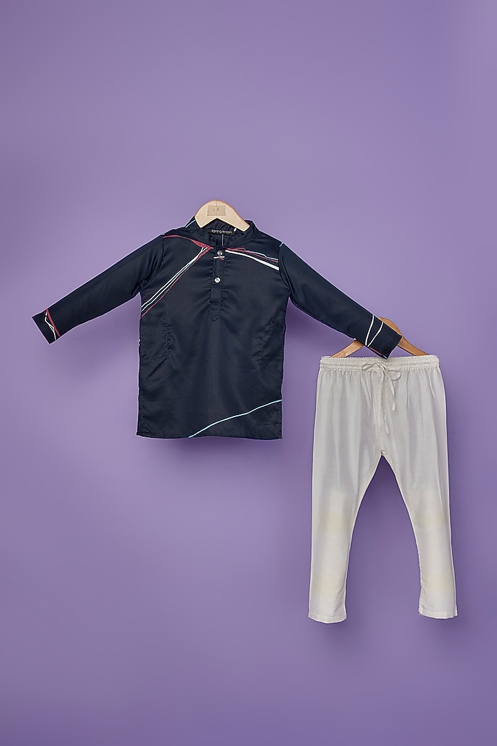 Midnight Blue Cotton Silk Abstract Digital Printed Kurta Set For Boys by Spring Break- Kids at Pernia's Pop Up Shop