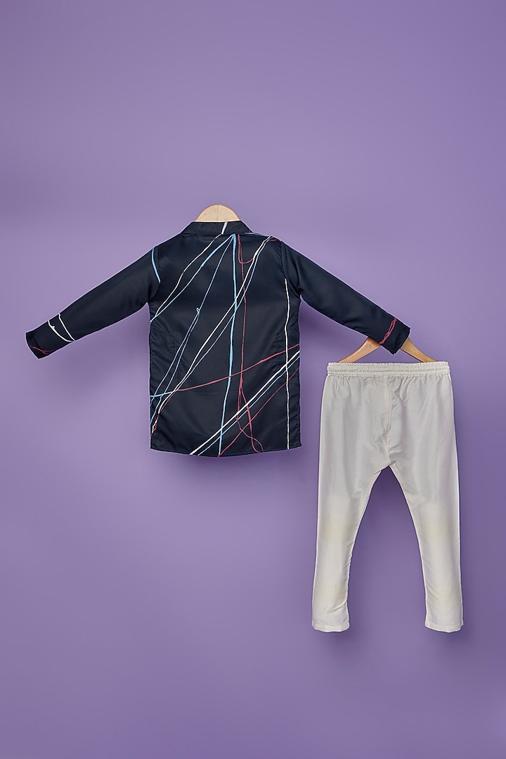 Midnight Blue Cotton Silk Abstract Digital Printed Kurta Set For Boys by Spring Break- Kids at Pernia's Pop Up Shop