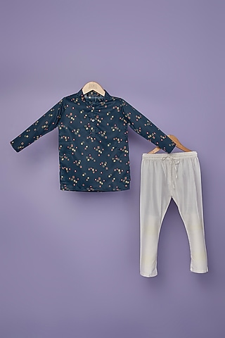 Navy Blue Cotton Silk Geometric Printed Kurta Set For Boys by Spring Break- Kids