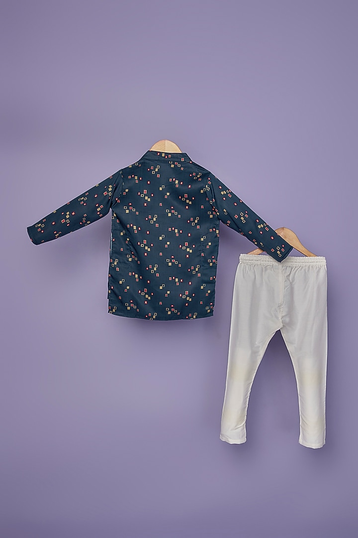 Navy Blue Cotton Silk Geometric Printed Kurta Set For Boys by Spring Break- Kids at Pernia's Pop Up Shop