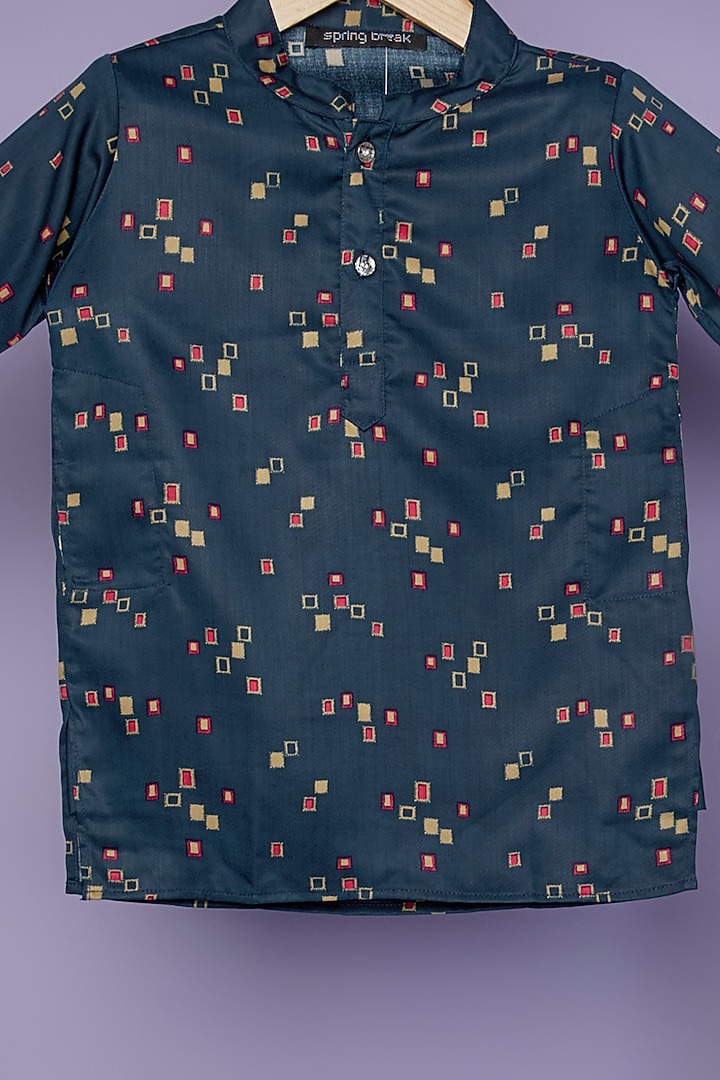 Navy Blue Cotton Silk Geometric Printed Kurta Set For Boys by Spring Break- Kids at Pernia's Pop Up Shop